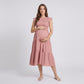 Maternity Smocked Tiered Midi Dress with Cap Sleeves and Round Neck