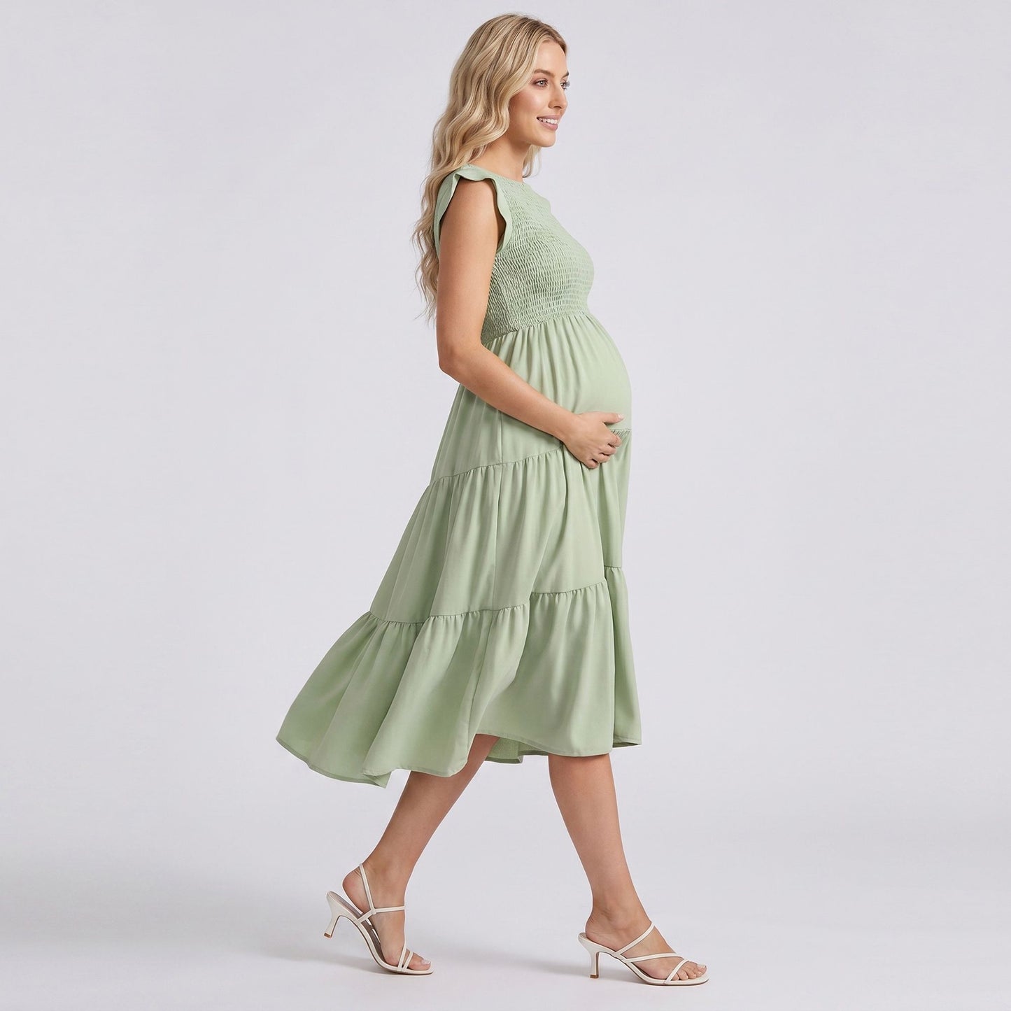 Maternity Smocked Tiered Midi Dress with Cap Sleeves and Round Neck