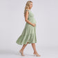 Maternity Smocked Tiered Midi Dress with Cap Sleeves and Round Neck