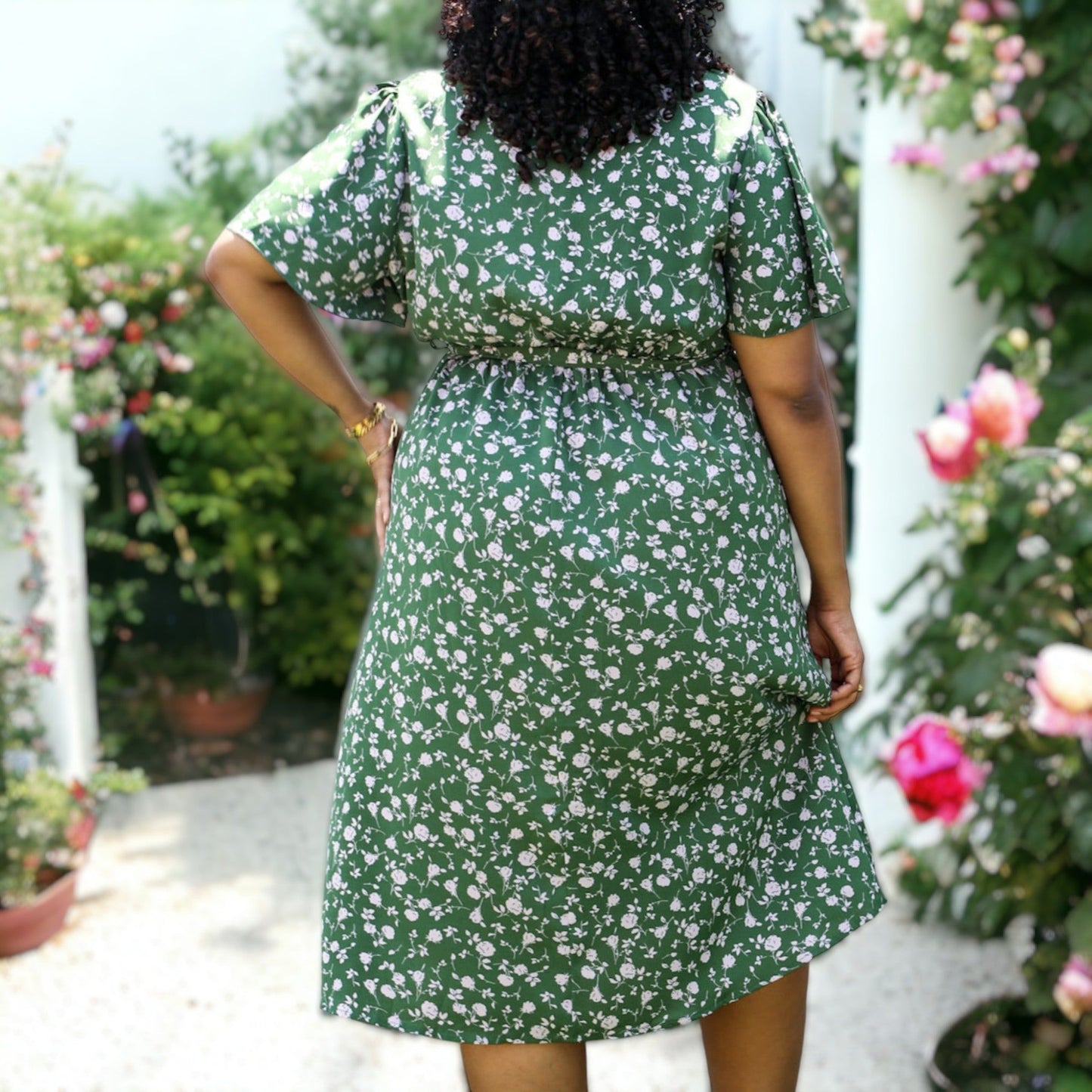 Plus Size Green and Pink Flared Tunic Floral Print Dress