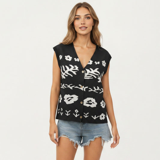 Sleeveless Floral Knit Vest Top with V-Neck Front and Button Detail