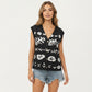 Sleeveless Floral Knit Vest Top with V-Neck Front and Button Detail