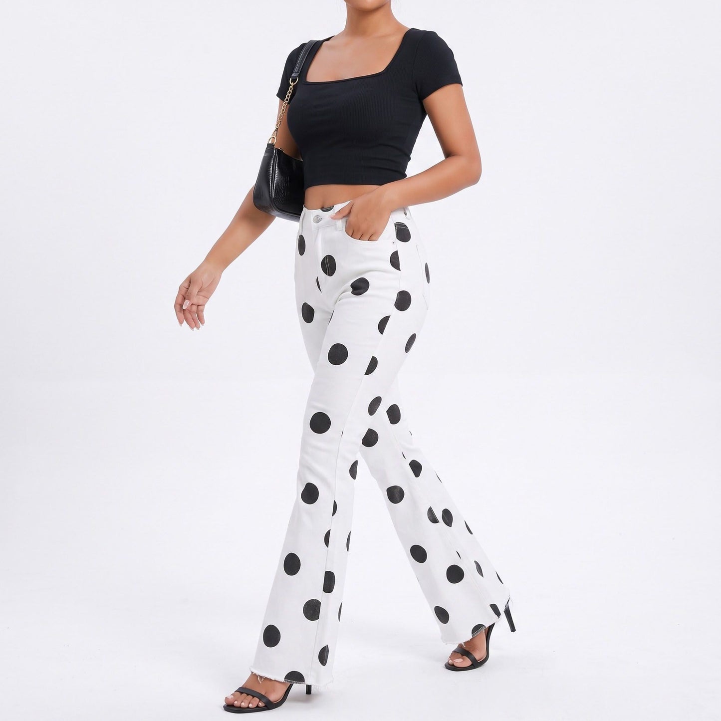 Polka Dot Flare Jeans High Rise Stretch Denim Pants