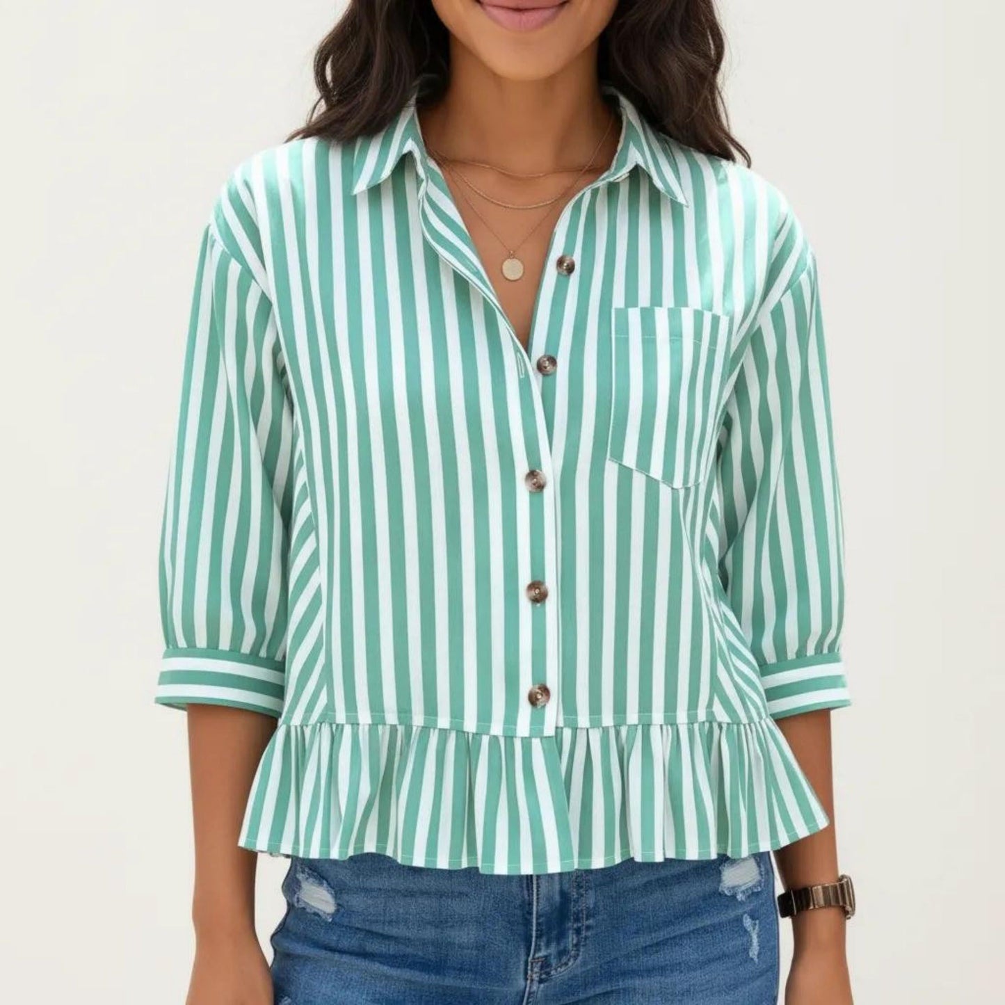 Striped Button Down Blouse with Collar Three Quarter Sleeve Peplum Hem Pocket Detail Casual Shirt