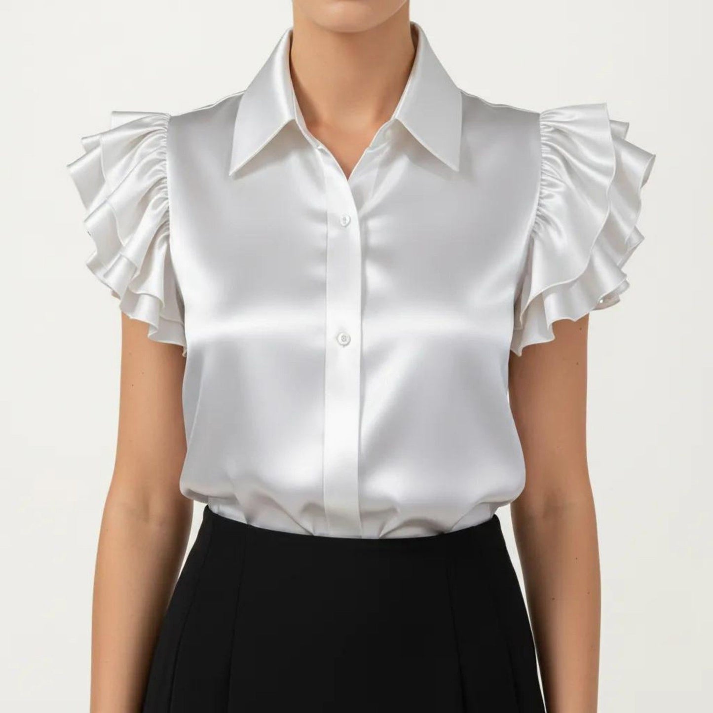Satin Button Down Blouse with Ruffle Sleeves and Collared Neckline