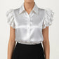 Satin Button Down Blouse with Ruffle Sleeves and Collared Neckline