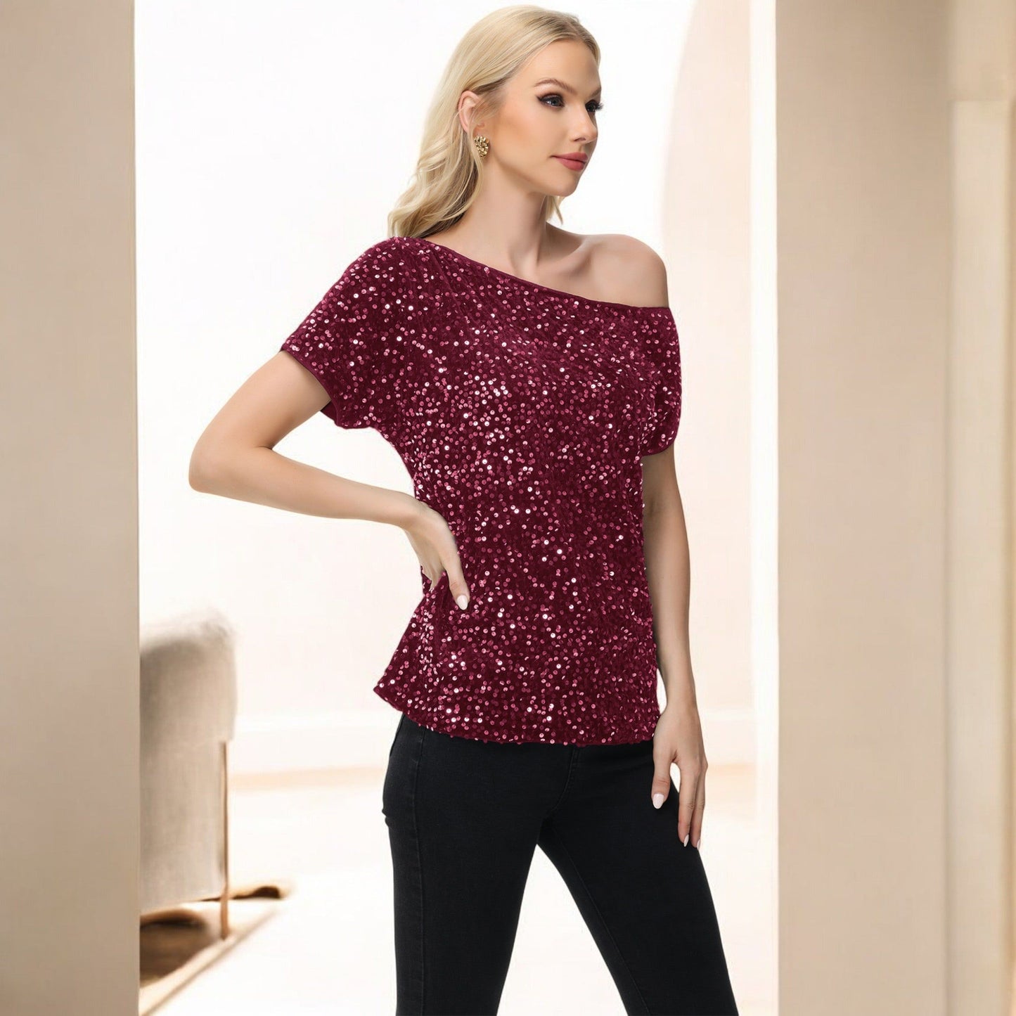 Off-Shoulder Sequin Short Sleeve Top with Relaxed Fit