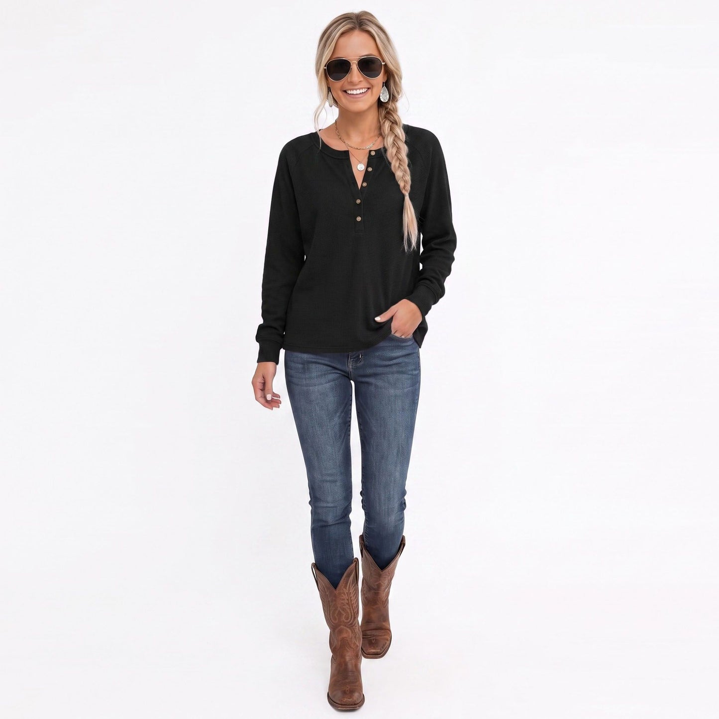 Waffle Knit Henley Raglan Long Sleeve Top