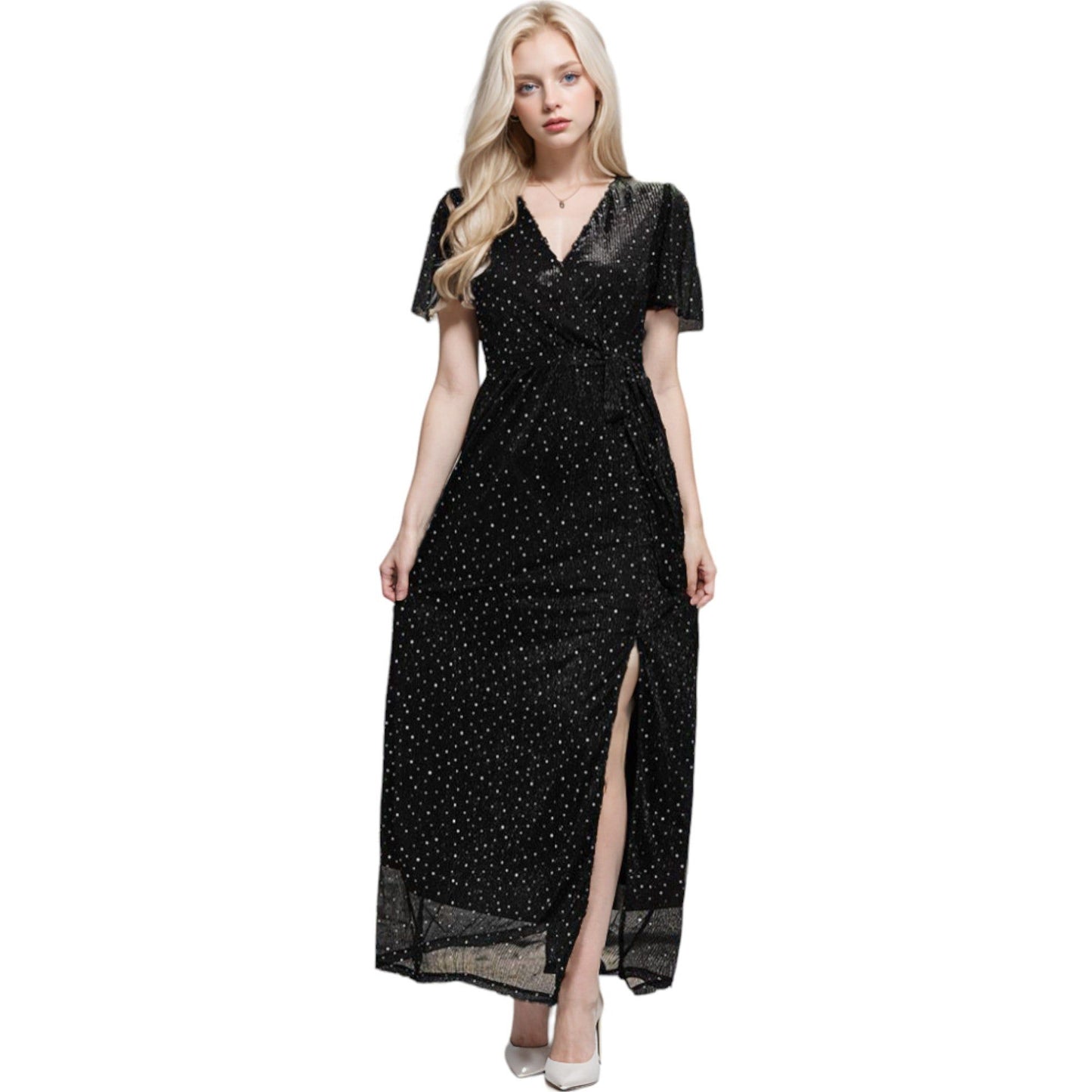 Sparkle Sheer Detail V-Neck Dot Sequin Maxi Dress