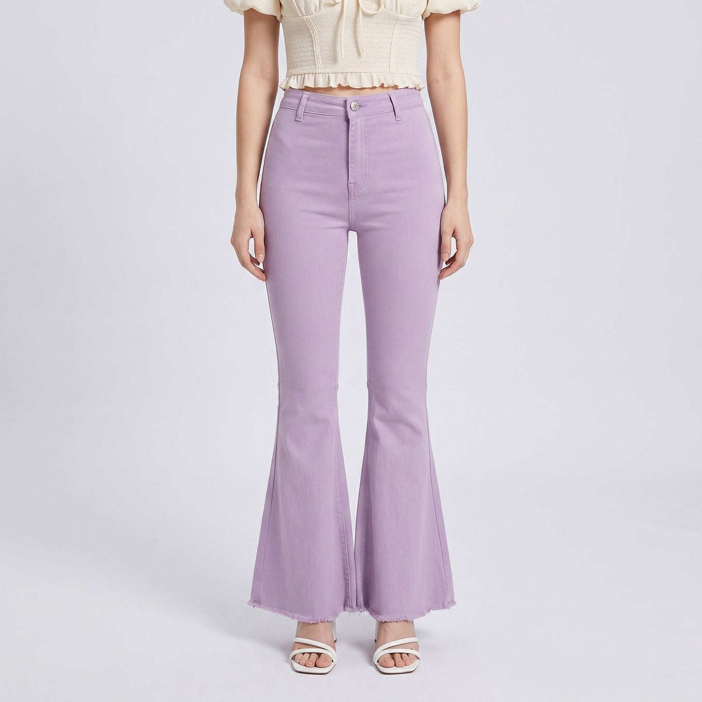 High Rise Flare Pants Button Front Stretch Wide Leg Hem Pants
