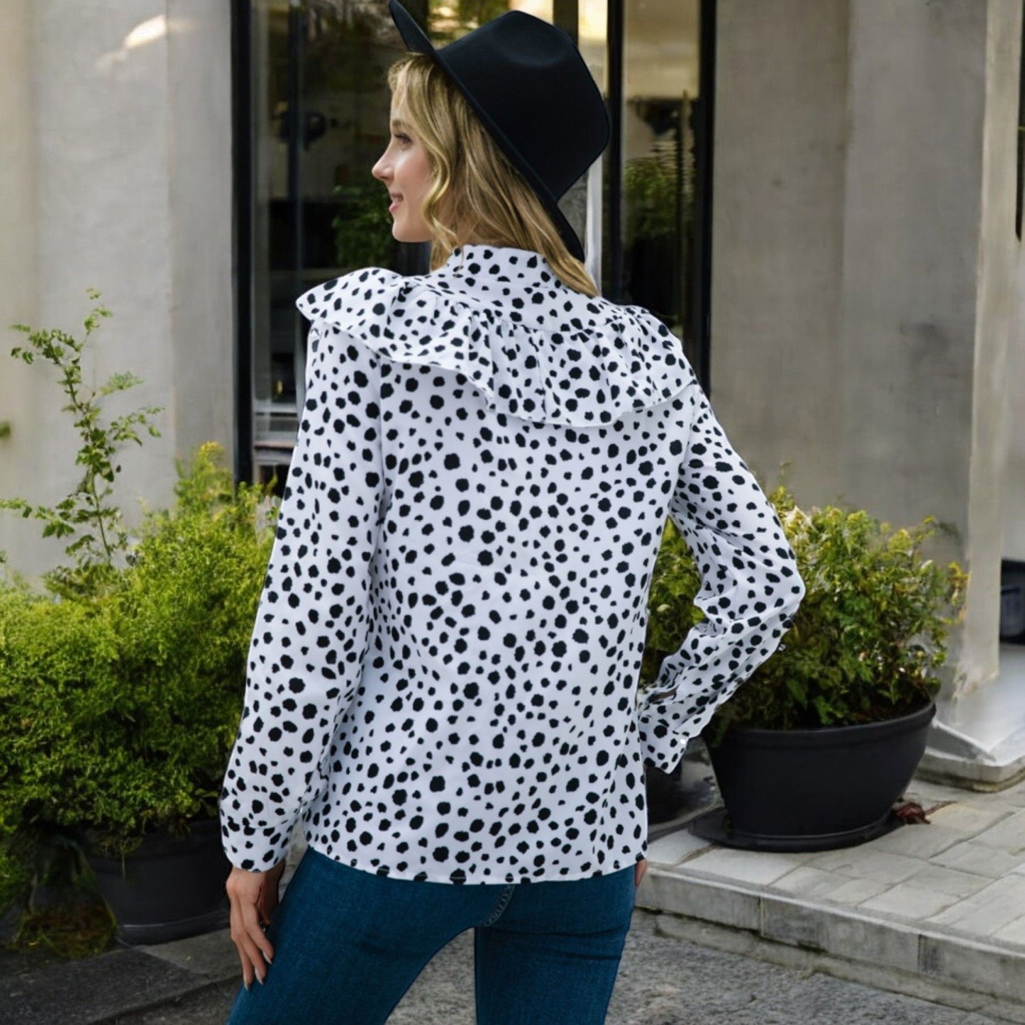 Polka Dot Blouse with Ruffled Front Detail and High Neck