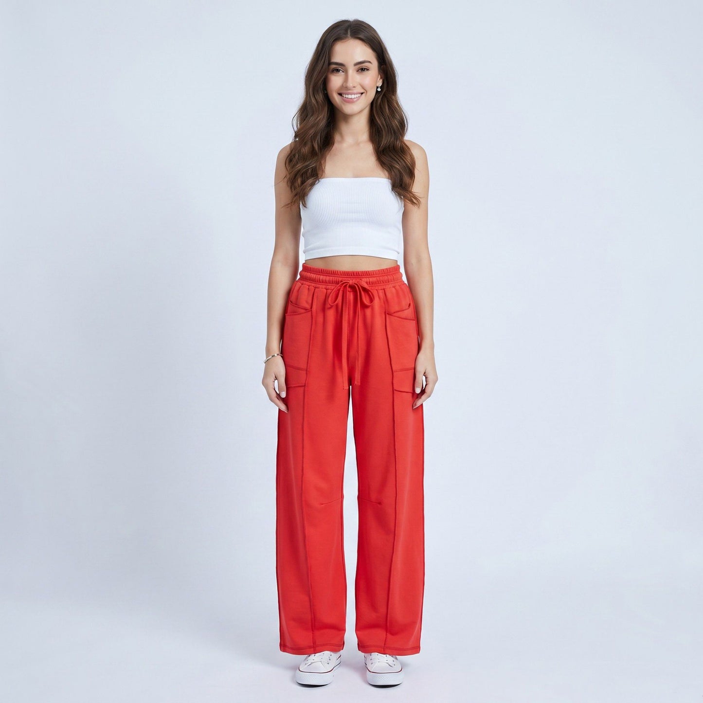 High Rise Drawstring Wide Leg Utility Pants with Patch Pockets