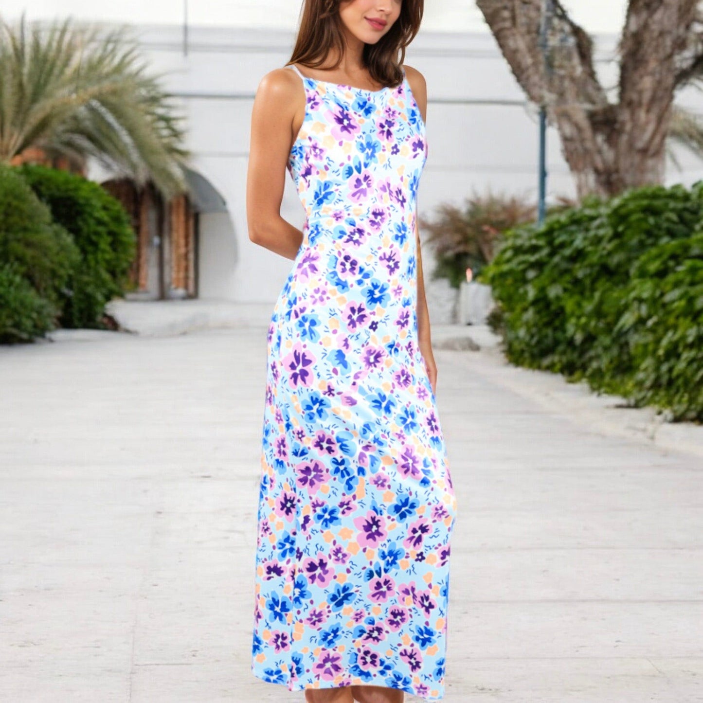 Floral Print Spaghetti Strap Maxi Dress Open Back Detail