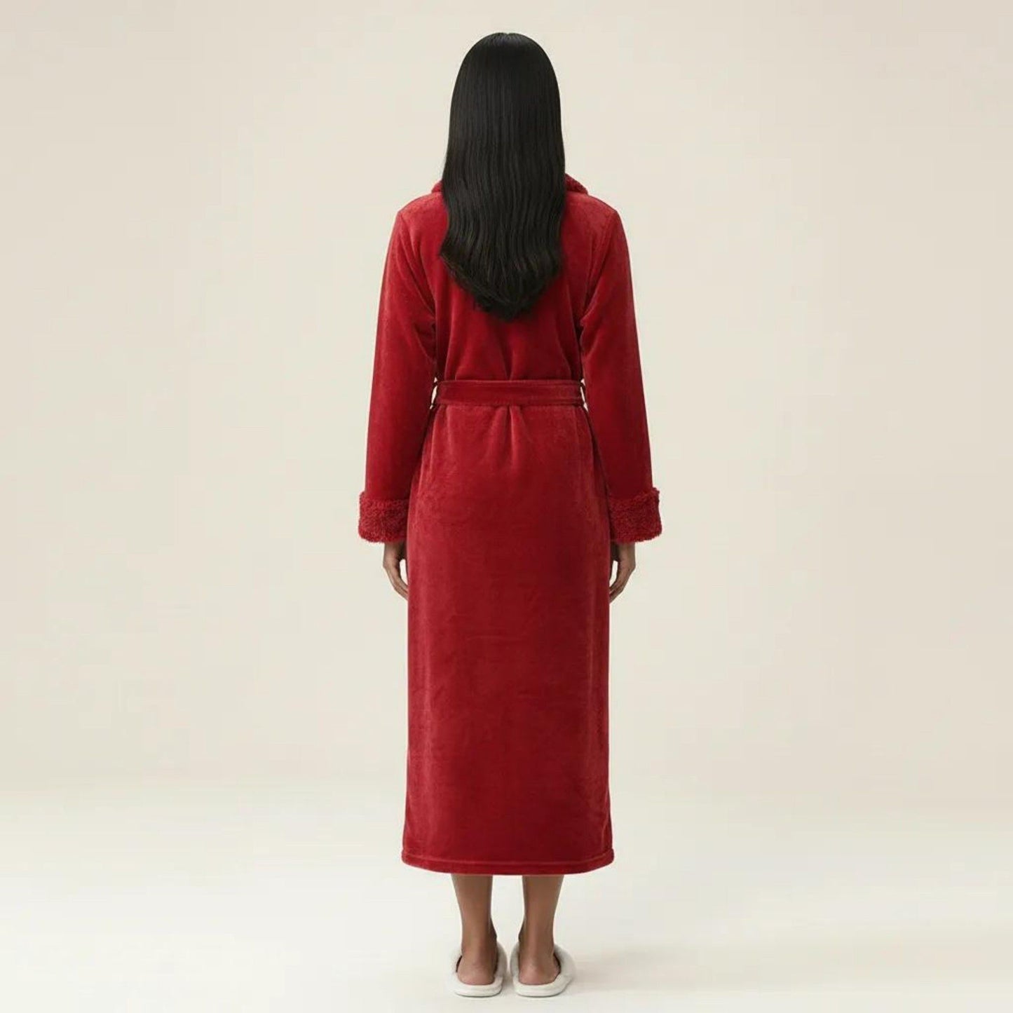 Plush Bathrobe with Shawl Collar, Self Tie Belt and Faux Shearling Trim