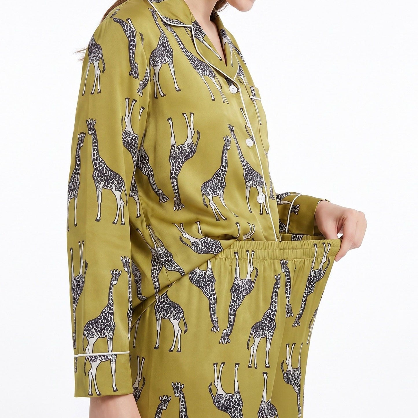 Giraffe Print 2 Piece Pajama Set with Long Sleeve Button Down Top and Pants