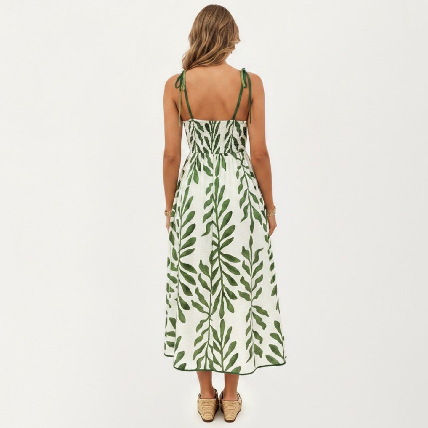 Sleeveless Midi Dress with Leaf Print Tie Shoulder Straps Smocked Back Flowy A-Line Silhouette