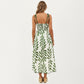 Sleeveless Midi Dress with Leaf Print Tie Shoulder Straps Smocked Back Flowy A-Line Silhouette