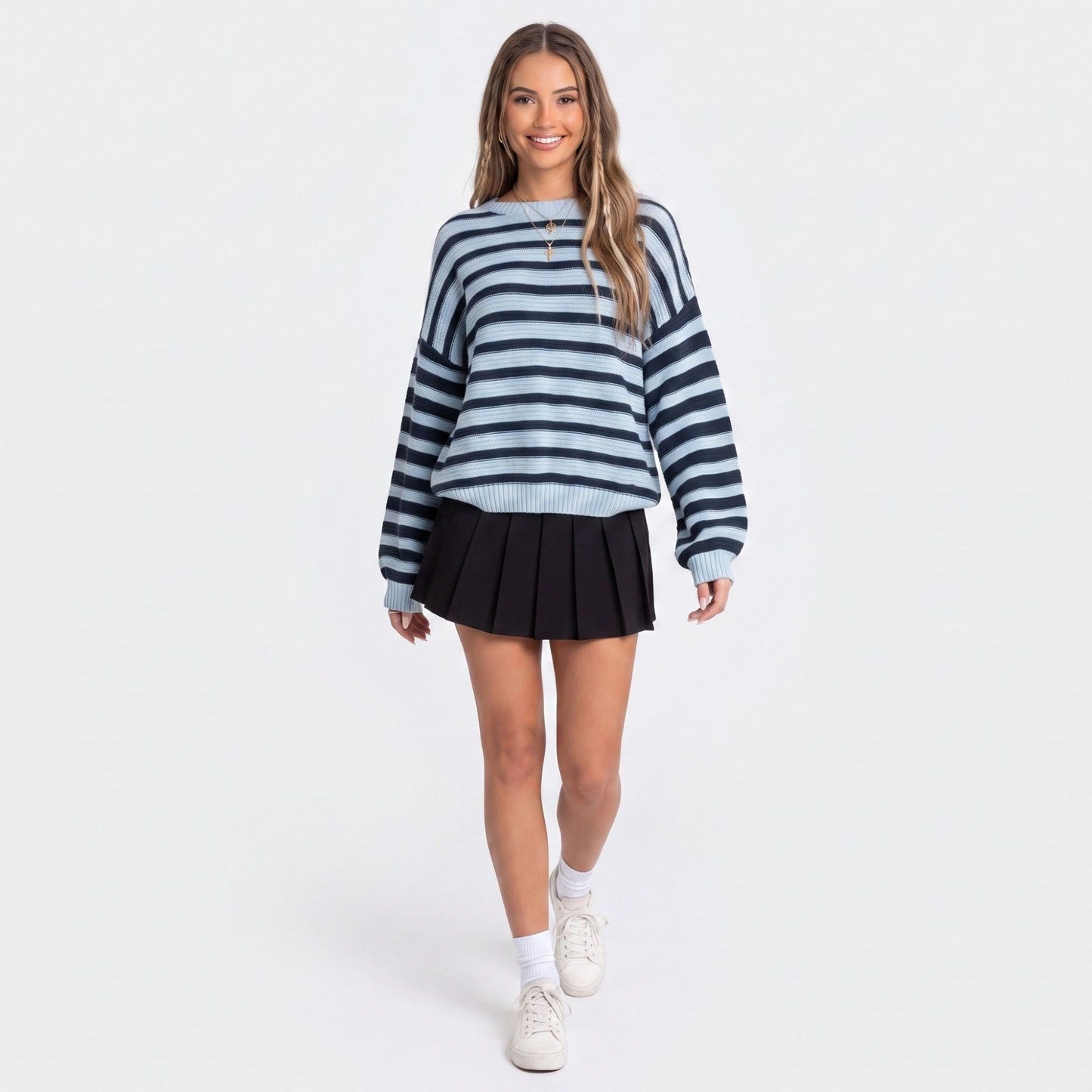 Striped Crewneck Drop-Shoulder Knit Sweater