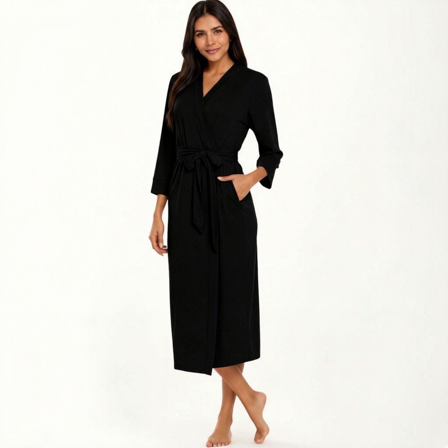 Long Lightweight Robe with Shawl Collar Tie Waist Belt Front Pockets Soft Knit Robe