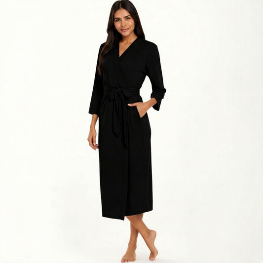 Long Lightweight Robe with Shawl Collar Tie Waist Belt Front Pockets Soft Knit Robe