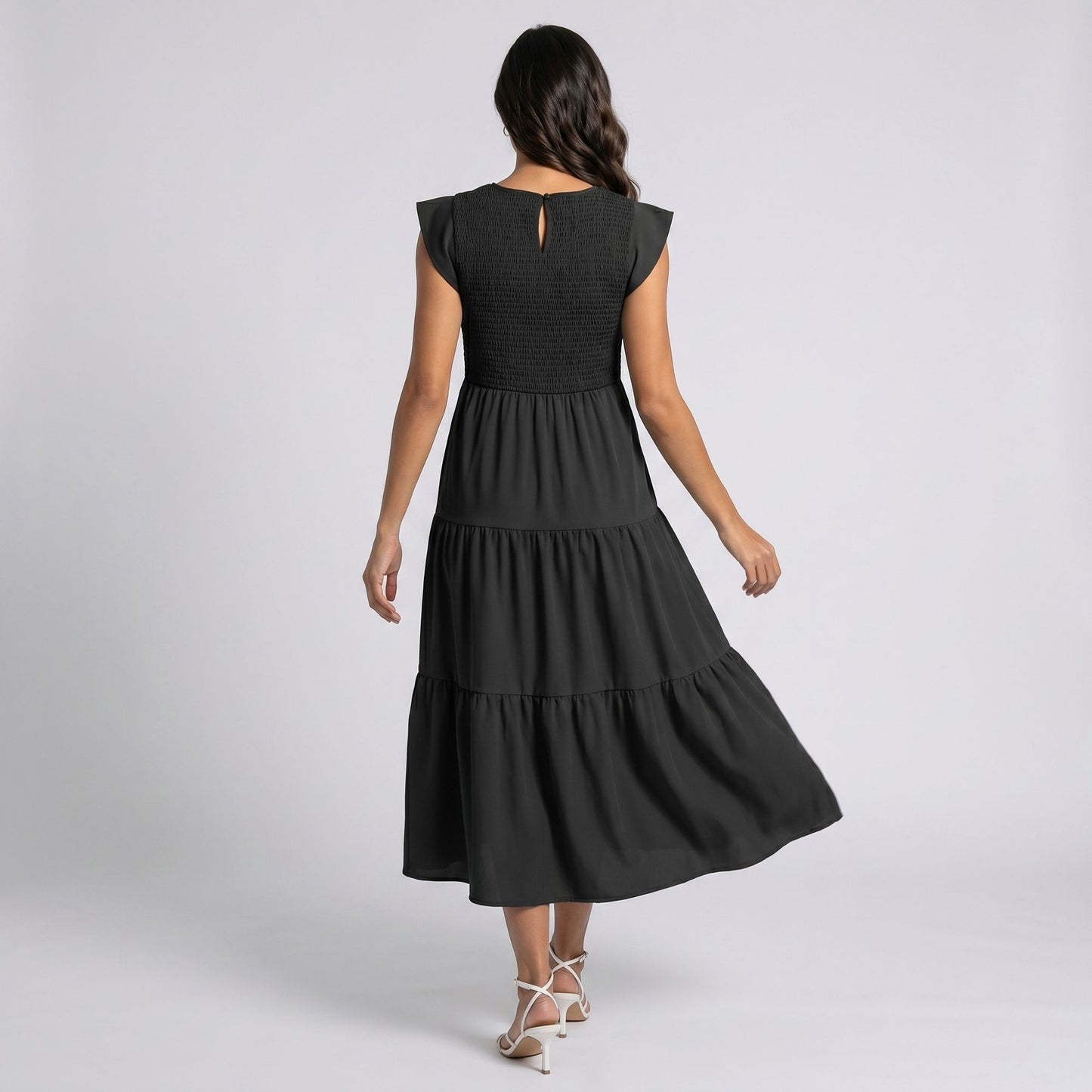 Maternity Smocked Tiered Midi Dress with Cap Sleeves and Round Neck