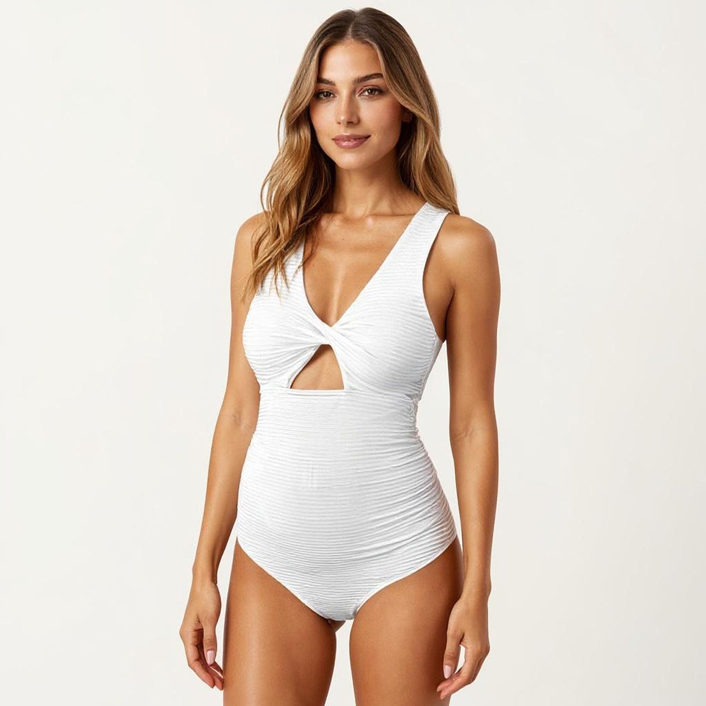 Maternity Striped Twist Front One-Piece Swimsuit with Keyhole Cutout