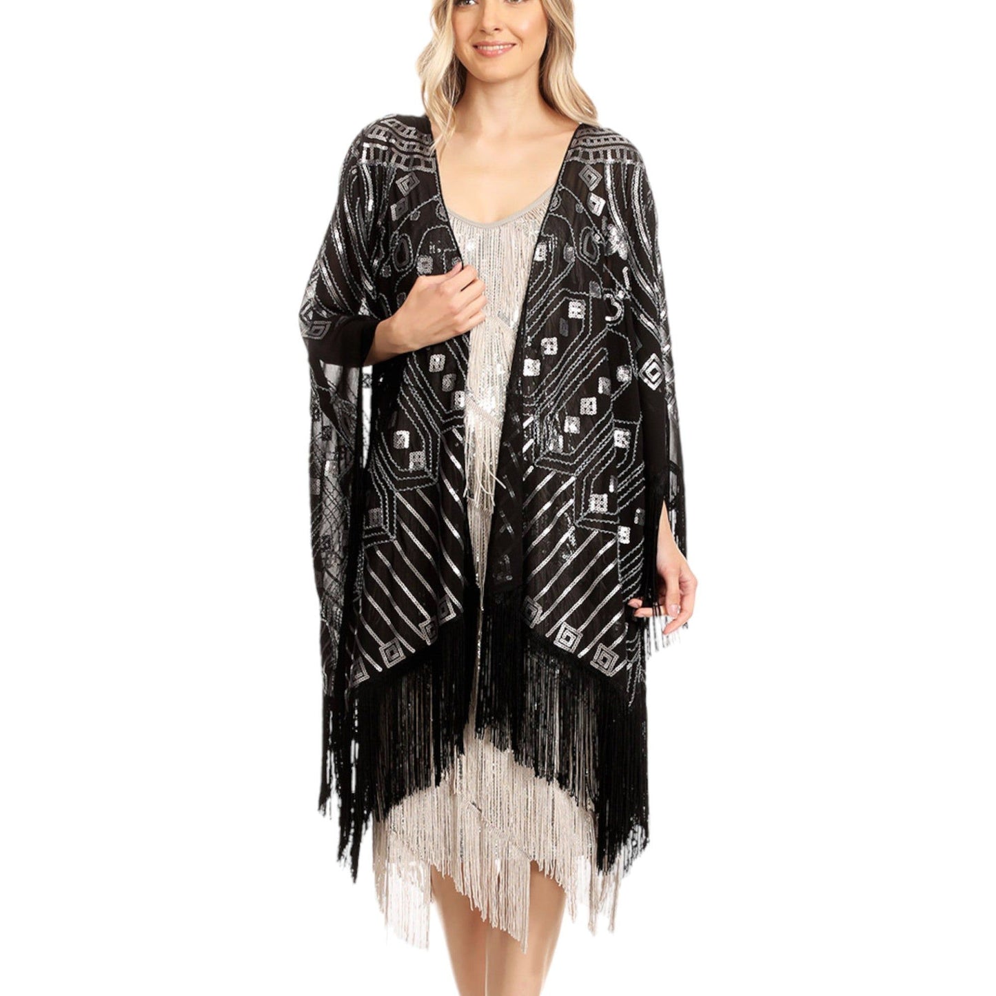 Semi Sheer Boho Sequin Fringe Sparkle Drop Shoulder Shrug