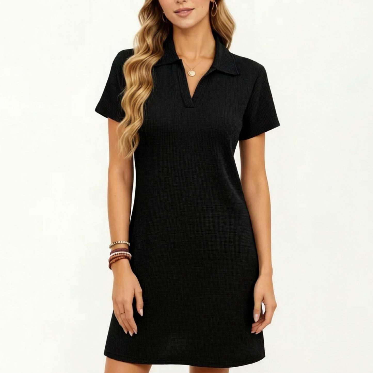 Short Sleeve Collared Mini Dress with Split V Neck Textured Knit Relaxed Fit Casual Dress