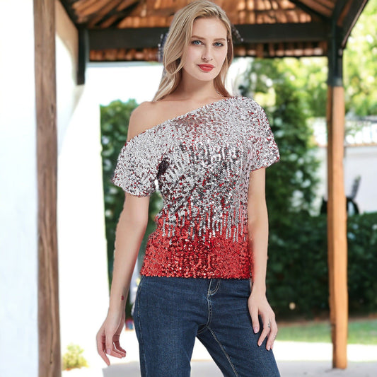 Short Sleeve One Shoulder Sparkle Sequin Pullover Top