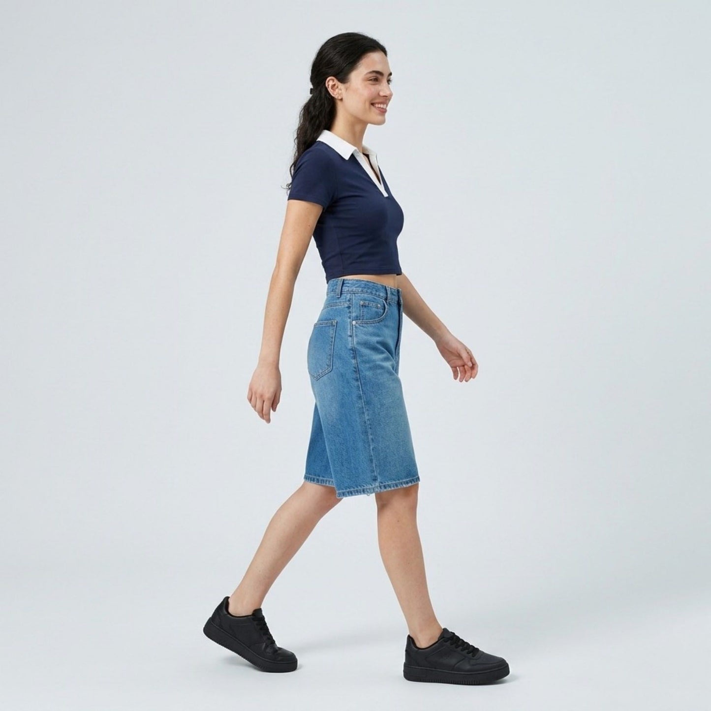 High-Waisted Denim Bermuda Shorts Cute