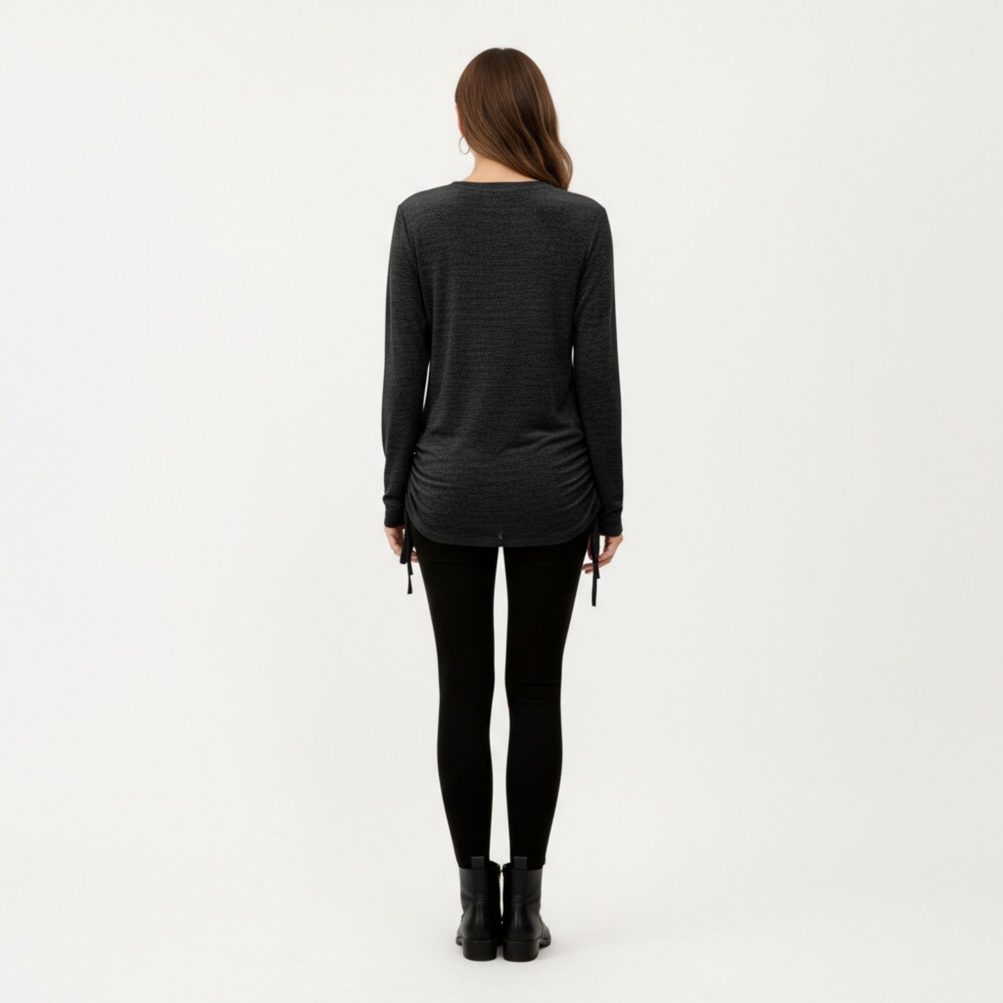 Long Sleeve V-Neck Top with Side Drawstring Ruched Hem