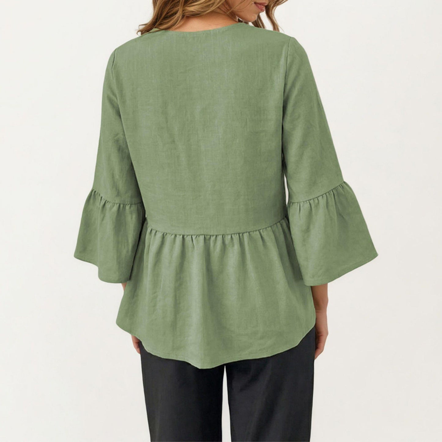 V-Neck Bell Sleeve Peplum Blouse with Button Detail and Gathered Waist