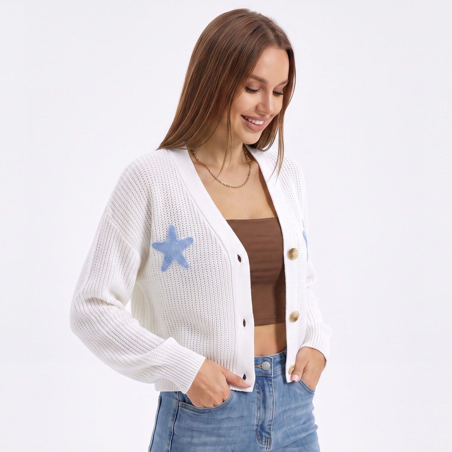 Starfish Applique Button Front V Neck Knit Cardigan Sweater