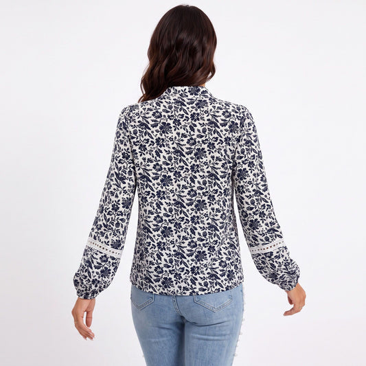 Floral Print Hooded Blouse Long Sleeve Lace Trim Pullover Top
