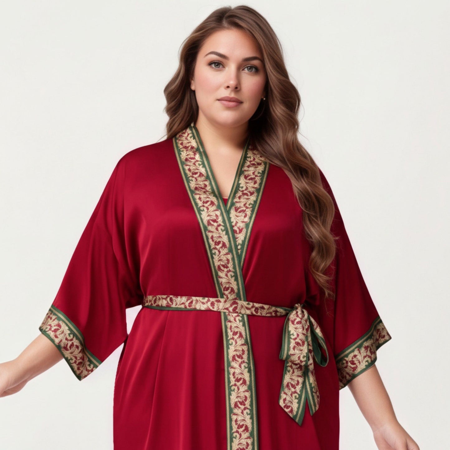 Plus Size Satin Robe with Floral Trim Belted Kimono Sleeve Long Robe Sleepwear