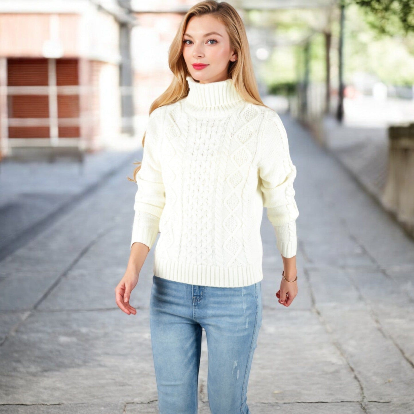 Long Sleeve Cable Knit Turtleneck Sweater