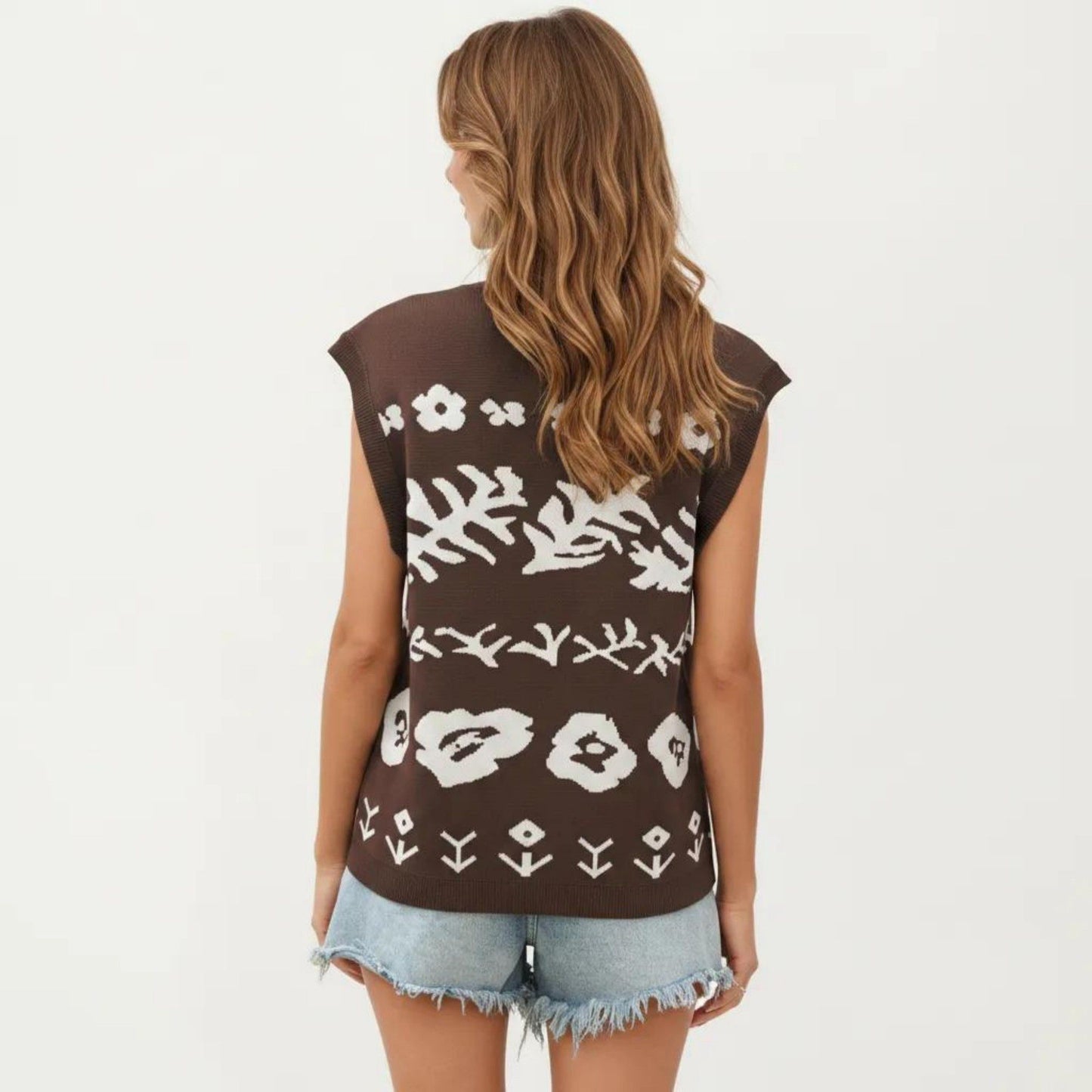 Sleeveless Floral Knit Vest Top with V-Neck Front and Button Detail