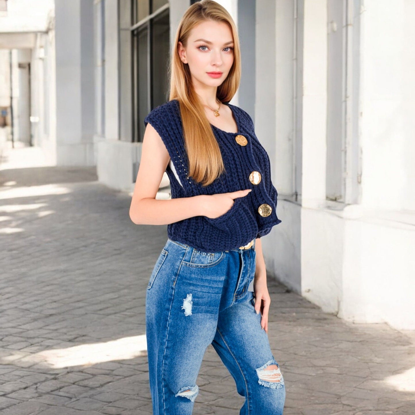 Chunky Knit Vest with Oversized Buttons and Front Pockets