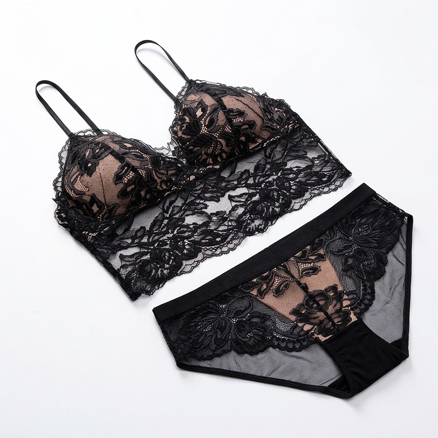 Floral Lace Longline Bralette and Matching Panty Two Piece Lingerie Set