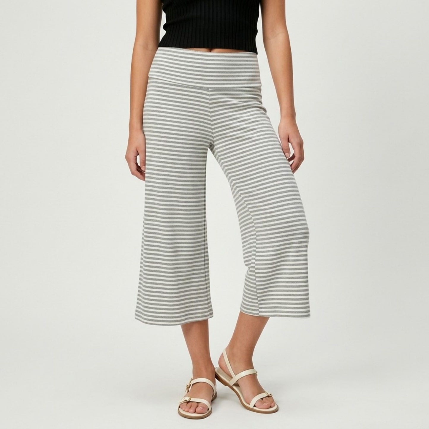 Foldover Waistband Striped Cropped Wide-Leg Trousers