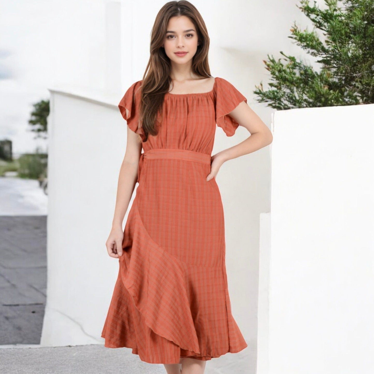 Off-Shoulder Plaid Midi Dress with Flutter Sleeves