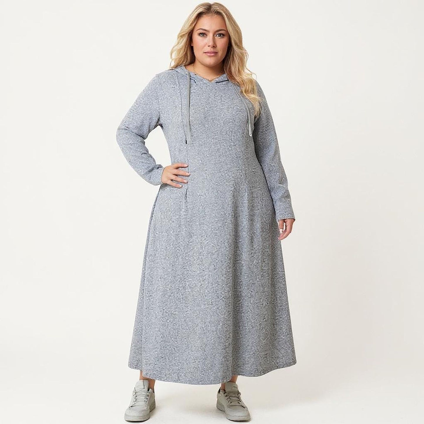 Plus Size Long Sleeve Hooded Maxi Dress with Relaxed Fit Silhouette and Soft Flowy Hem