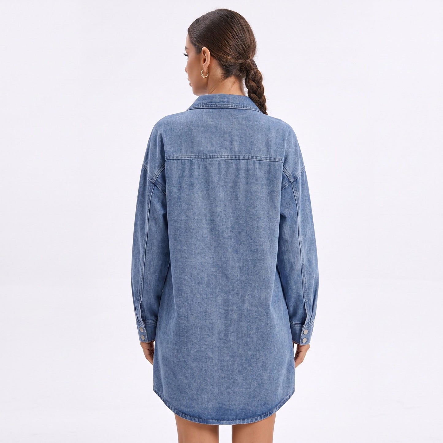 Washed Denim Shirt Jacket Long Sleeve Snap Front Oversized Shacket with Pockets