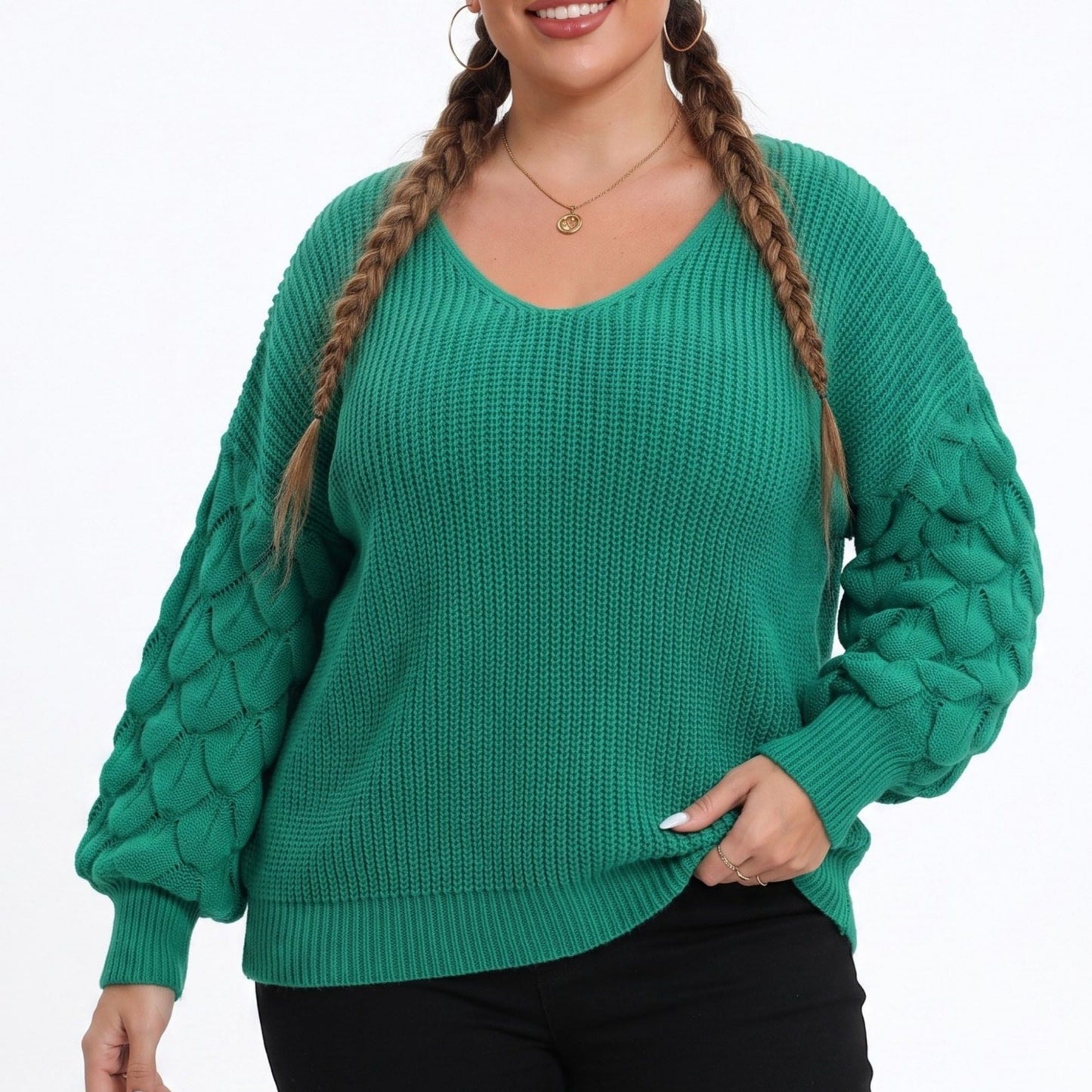 Plus Size V-Neck Textured Sleeve Pullover Sweater