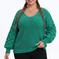 Plus Size V-Neck Textured Sleeve Pullover Sweater