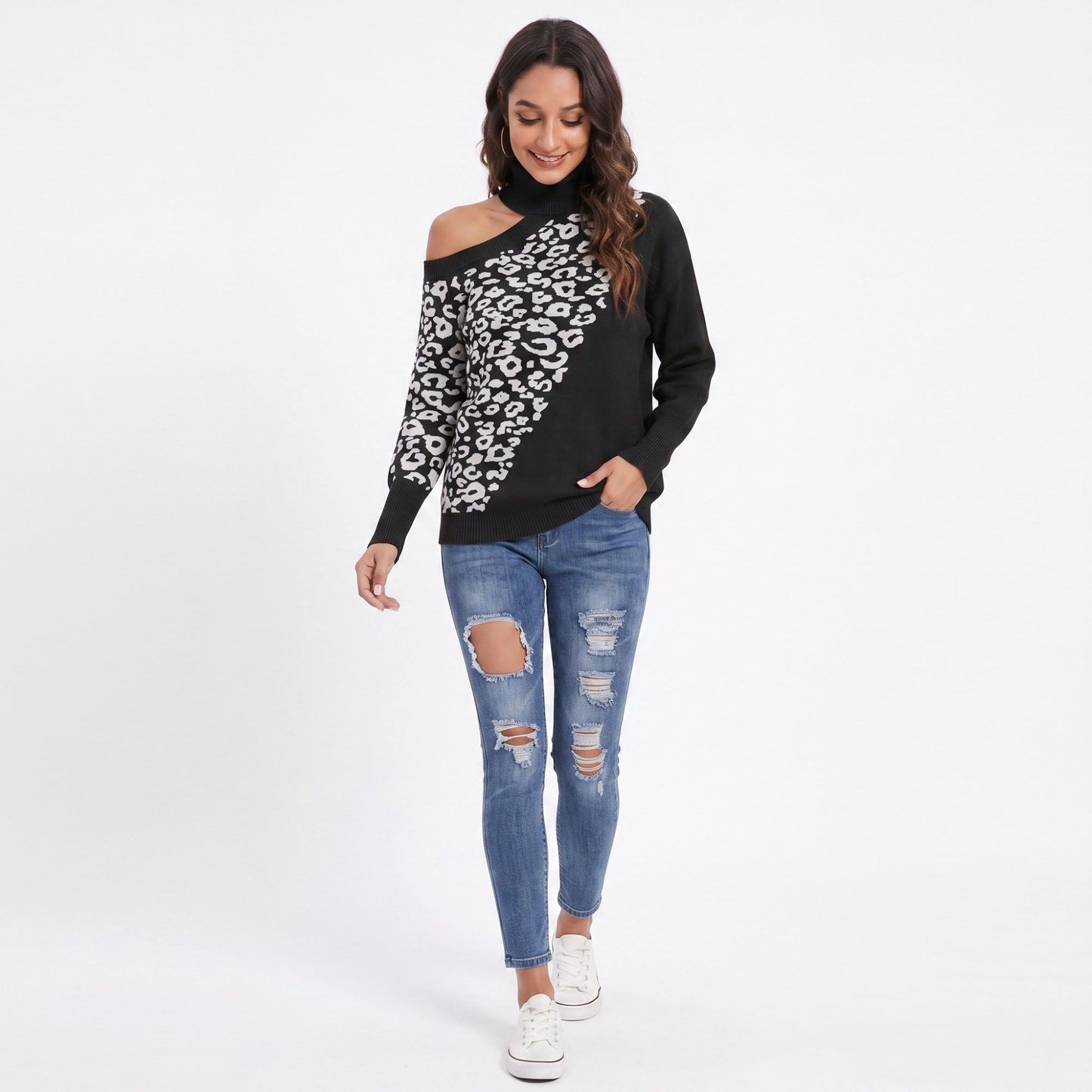 Leopard Print Cold Shoulder Turtleneck Sweater