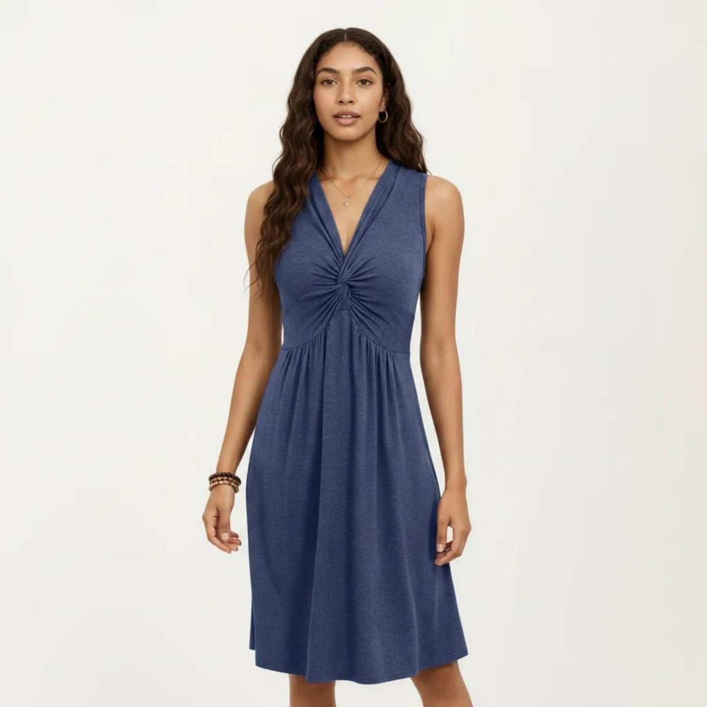 Sleeveless V Neck Midi Dress with Front Twist Detail and Flowy A Line Silhouette