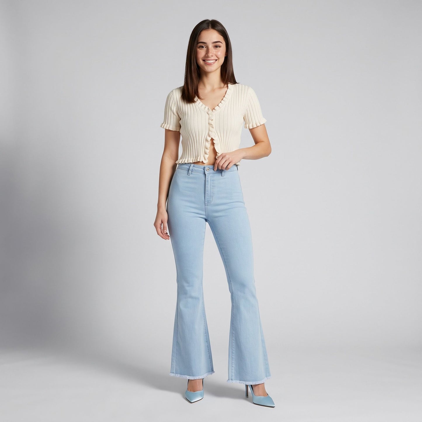 High Rise Flare Pants Button Front Stretch Wide Leg Hem Pants