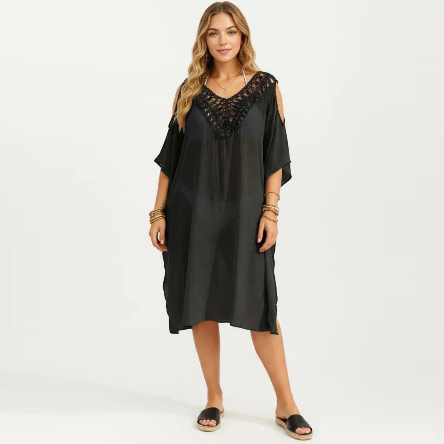 Crochet V Neck Swim Cover Up Dress with Cold Shoulder Sleeves and Relaxed Fit