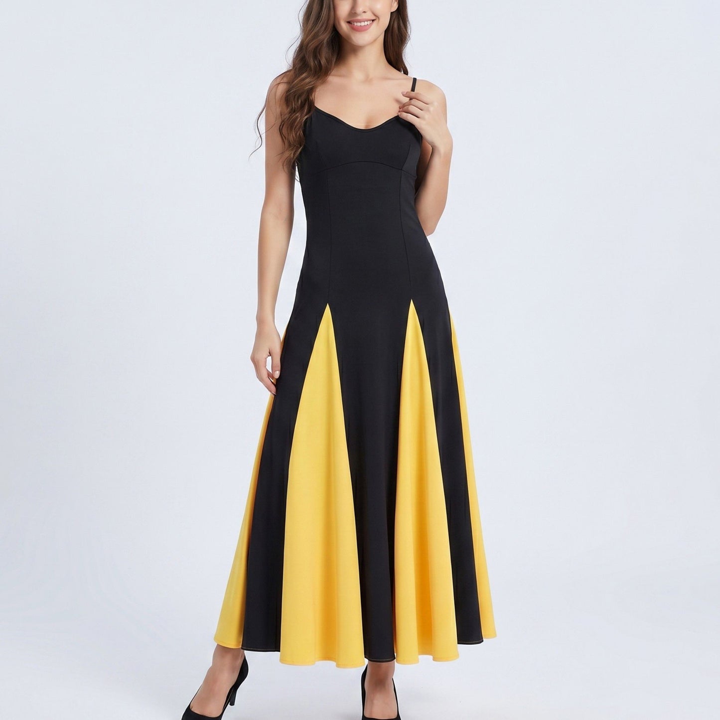 Spaghetti Strap Colorblock Fit and Flare Midi Dress